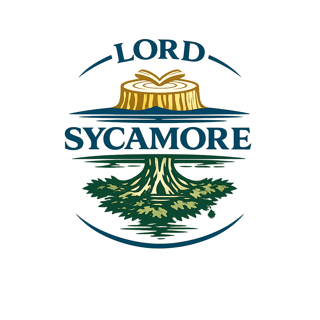 Lord Sycamore mark: an open book on a stump above water and a living sycamore reflected below